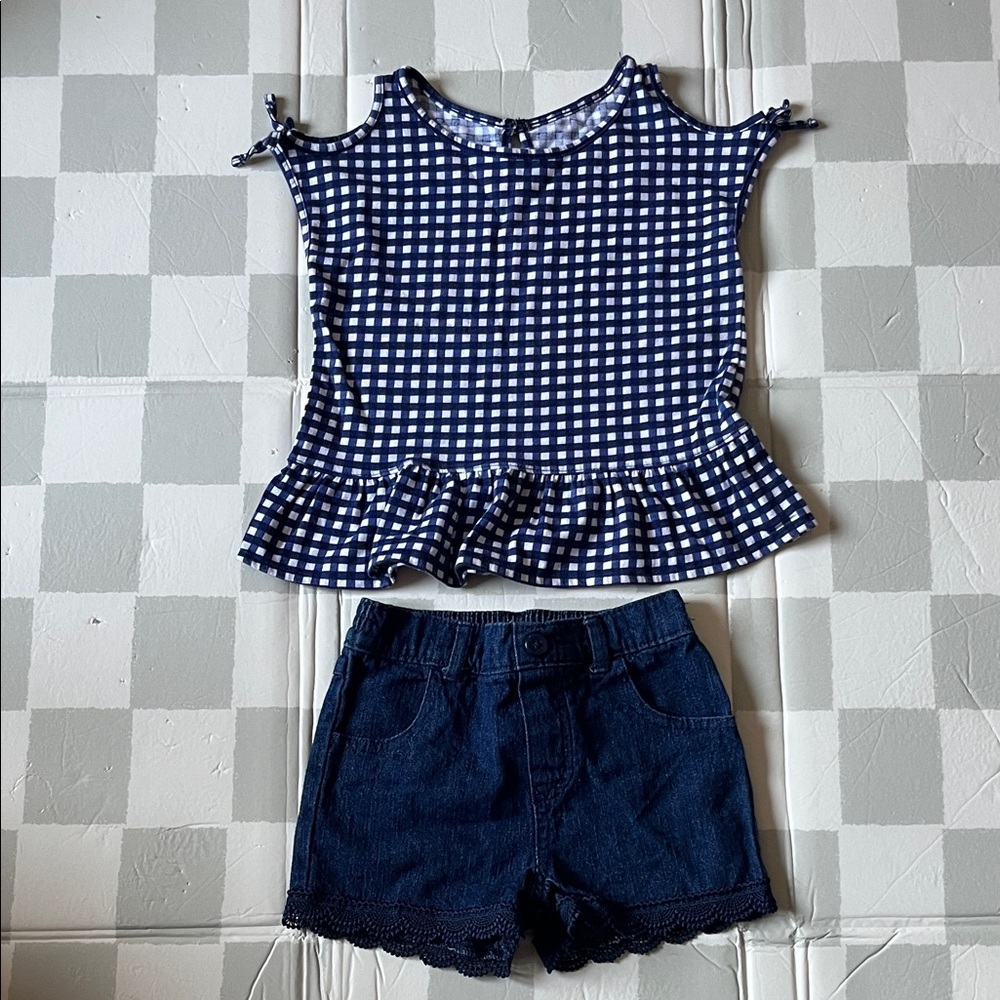 Garanimals Navy and White Gingham Peplum Top with Dark Blue Shorts